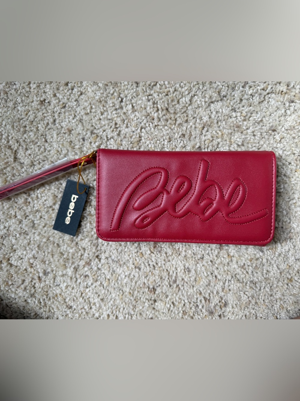 bebe Quilted Script Logo Wristlet in Red